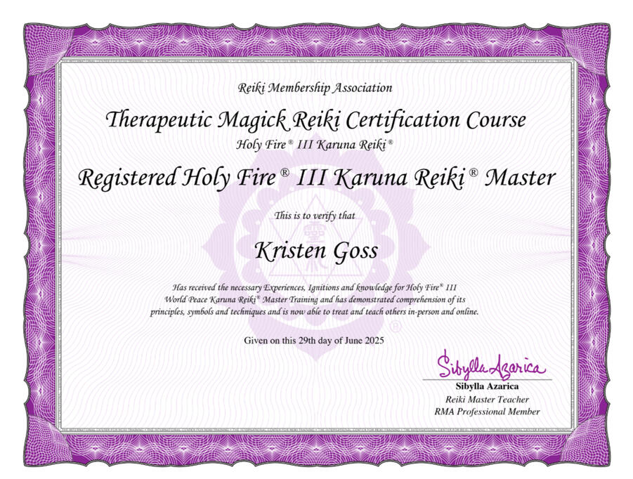 Registered Usui/Holy Fire® III World Peace Karuna® Reiki Master Teacher